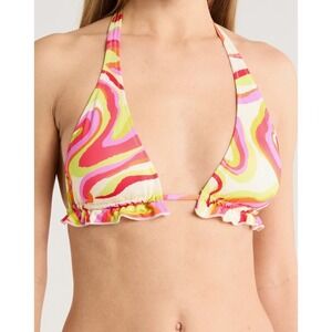 Sanctuary Neon Swirl Tie Front Halter Swimsuit Top Pink Green Ruffle L